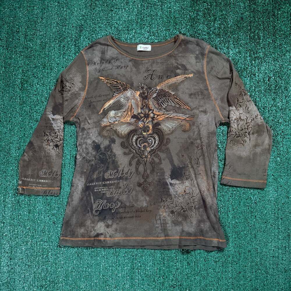Y2K Cactus Angel Melody Rhinestones 3/4 Sleeve Women's Shirt Medium